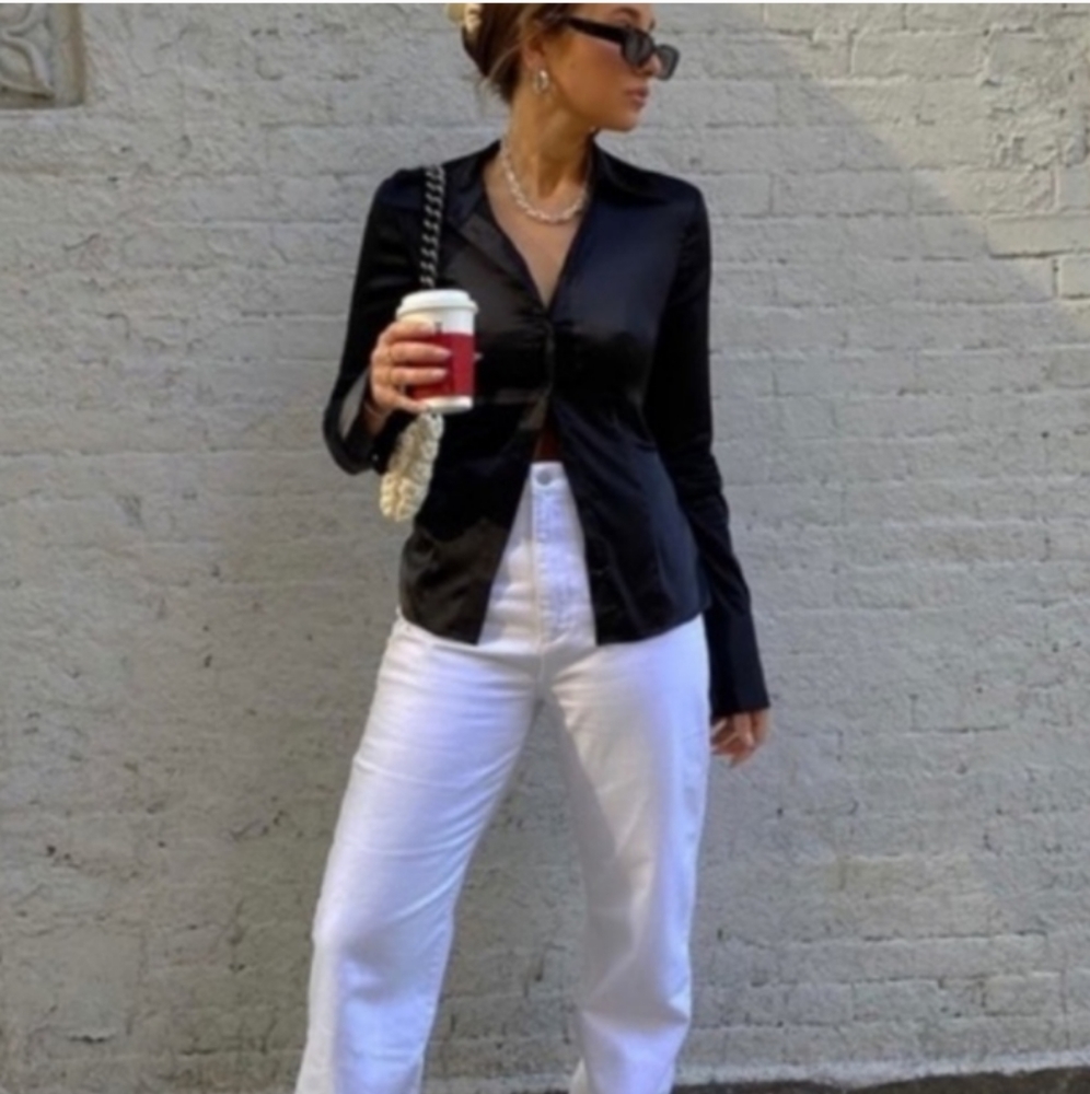 Danielle Bernstein WeWoreWhat Black Button Down Satin Effect Y2K Shirt Top 6